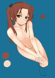 Rule 34 | 1girl, brown eyes, brown hair, female focus, flat chest, from above, full body, girls und panzer, highres, kadotani anzu, long hair, looking at viewer, navel, ngc20701, nude, solo, twintails