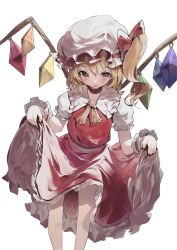 Rule 34 | 1girl, :q, ascot, blonde hair, blush, clothes lift, crystal, dd9, flandre scarlet, frilled shirt collar, frilled skirt, frills, hat, hat ribbon, highres, looking at viewer, mob cap, petticoat, puffy short sleeves, puffy sleeves, red eyes, red skirt, red vest, ribbon, short hair, short sleeves, side ponytail, skirt, skirt lift, solo, standing, tongue, tongue out, touhou, vest, white hat, wings, wrist cuffs, yellow ascot