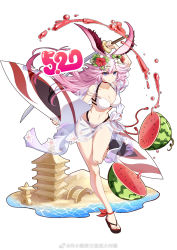 Rule 34 | 1girl, animal ears, arm up, bare shoulders, bikini, blue eyes, breasts, rabbit ears, choker, cleavage, collarbone, flower, food, fruit, full body, hair flower, hair ornament, halterneck, halterneck, hibiscus, highres, holding, holding sword, holding weapon, honkai (series), honkai impact 3rd, large breasts, leg up, long hair, looking at viewer, navel, pink hair, sand castle, sand sculpture, sandals, sarong, see-through, simple background, smile, solo, stomach, surfboard, swimsuit, sword, thighs, v-shaped eyebrows, watermelon, weapon, white background, white bikini, yae sakura, yue xiao e