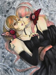 Rule 34 | 2girls, aqua eyes, brown eyes, brown hair, butterfly hair ornament, butterfly wings, corrupted metadata, dress, elbow gloves, fingerless gloves, gloves, hair ornament, hairband, headphones, holding hands, insect wings, long hair, magnet (vocaloid), marker (medium), megurine luka, meiko (vocaloid), meriko, multiple girls, nail polish, pink hair, short hair, traditional media, vocaloid, wings, yuri