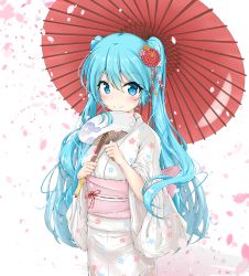 Rule 34 | 1girl, absurdres, blue eyes, blue hair, blush, bow, breasts, commentary, cowboy shot, falling petals, flower, flower ornament, hair flower, hair ornament, hand fan, hatsune miku, highres, holding, holding fan, holding umbrella, japanese clothes, kimono, long hair, long sleeves, looking at viewer, mikoo o39, oil-paper umbrella, paper fan, petals, pink petals, print kimono, red umbrella, shadow, small breasts, smile, twintails, umbrella, very long hair, vocaloid, white background, white kimono, yukata