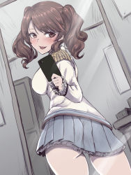 Rule 34 | 1girl, :p, ass, blush, brave witches, breasts, brown eyes, brown hair, cellphone, contrapposto, dutch angle, epaulettes, frilled cuffs, frilled skirt, frills, from side, grey skirt, highres, karibuchi takami, large breasts, liar lawyer, mirror, phone, reflection, skirt, smartphone, solo, strike witches, tongue, tongue out, world witches series