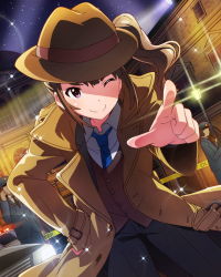 Rule 34 | &gt;;), 10s, 1girl, ;), brown hair, car, coat, hat, idolmaster, idolmaster million live!, looking at viewer, motor vehicle, necktie, official art, one eye closed, pointing, police, police car, purple eyes, side ponytail, smile, solo, trench coat, v-shaped eyebrows, vehicle, yokoyama nao