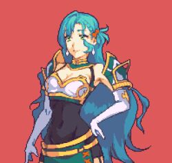 Rule 34 | 1girl, aqua hair, armor, bare shoulders, belt, bow, breastplate, breasts, chloe (fire emblem), cleavage, commentary, covered navel, derivative work, earrings, elbow gloves, fire emblem, fire emblem engage, glaceo, gloves, green eyes, hair bow, hand on own hip, jewelry, long hair, medium breasts, nintendo, pixel art, red background, red bow, shoulder armor, simple background, solo, upper body, very long hair, white gloves, yellow belt