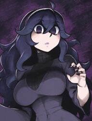 1girl @_@ ahoge black_background black_hair black_nails breasts closed_mouth creatures_(company) fingernails game_freak hair_between_eyes hairband hex_maniac_(pokemon) highres large_breasts long_hair long_sleeves looking_at_viewer nail_polish nintendo pokemon pokemon_xy purple_background purple_eyes purple_hairband rob_ishi sharp_fingernails solo