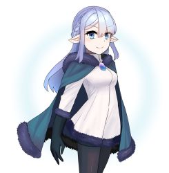Rule 34 | 1girl, black gloves, black legwear, blue eyes, braid, cape, gloves, liria the spirit princess, looking at viewer, mkbt, pixiv fantasia, pixiv fantasia age of starlight, pointy ears, silver hair, simple background, smile, solo, standing