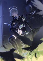 Rule 34 | 1boy, absurdres, arene (arknights), arknights, arm support, bird, black gloves, black jacket, black shorts, black thighhighs, blurry, blurry foreground, commentary request, cropped jacket, crow, elbow gloves, feathers, foot dangle, frown, garter straps, gloves, green eyes, grey hair, halo, hand on own cheek, hand on own face, highres, holding, holding staff, jacket, ledge, looking at viewer, male focus, night, outdoors, parted lips, sekai noto, shirt, short hair, shorts, sitting, solo, staff, thighhighs, white shirt, wings