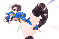 Rule 34 | 1girl, absurdres, alternate costume, bracelet, breasts, brown eyes, brown hair, bun cover, capcom, china dress, chinese clothes, chun-li, commentary request, covered erect nipples, double bun, dress, earrings, eyeliner, fighting stance, fingerless gloves, gloves, gold trim, hair bun, hair ornament, highleg, highres, jewelry, kicking, knee pads, large breasts, leg up, liba (leo8d), makeup, martial arts, official alternate costume, open mouth, pelvic curtain, red eyeliner, short sleeves, simple background, skindentation, solo, spiked bracelet, spikes, street fighter, street fighter v, thick thighs, thighhighs, thighs, turtleneck, white background