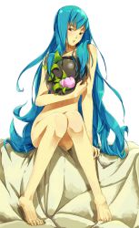 Rule 34 | 1girl, bad anatomy, bad feet, bad id, bad pixiv id, barefoot, blue hair, covering privates, feet, female focus, food, fruit, full body, hat, unworn hat, unworn headwear, hinanawi tenshi, holding, holding hat, long hair, nude, nude cover, peach, poorly drawn, sitting, solo, sousou (sousouworks), touhou