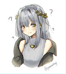 Rule 34 | 1girl, ?, artist name, cropped torso, green jacket, highres, humanization, indie virtual youtuber, jacket, off shoulder, scar, scar on face, silver hair, simple background, sleeveless, sleeveless sweater, smile, solo, sweater, the cecile (vtuber), upper body, virtual youtuber, white background, yellow eyes, yumenoakagi