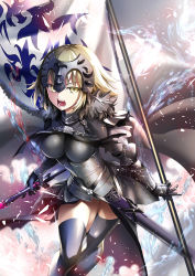 Rule 34 | &gt;:d, 1girl, :d, armor, armored dress, banner, black cape, black thighhighs, blonde hair, breasts, cape, chain, collar, commentary request, corset, eyebrows, fate/grand order, fate (series), flag, fur collar, gauntlets, headpiece, highres, holding, holding sword, holding weapon, impossible clothes, jeanne d&#039;arc (fate), jeanne d&#039;arc alter (avenger) (fate), jeanne d&#039;arc alter (fate), looking at viewer, medium breasts, open mouth, sheath, smile, solo, suishougensou, sword, teeth, thighhighs, tsurime, unsheathed, v-shaped eyebrows, weapon, yellow eyes