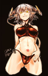 Rule 34 | 1girl, arm behind back, bare arms, bare shoulders, black background, blush, breasts, brown panties, covered erect nipples, crop top, cropped legs, dated, demon girl, demon horns, demon tail, fingernails, gluteal fold, highres, horns, kotoba noriaki, looking at viewer, medium breasts, navel, neck ribbon, original, outline, panties, parted lips, pointy ears, pubic tattoo, ribbon, short hair, side-tie panties, signature, simple background, slit pupils, smile, solo, tail, tattoo, underwear, white hair, white outline, wing collar, yellow eyes, zipper panties