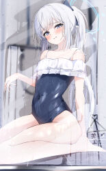 Rule 34 | 1girl, absurdres, ass, barbell piercing, bare arms, bare legs, barefoot, black one-piece swimsuit, blue archive, blue halo, blush, breasts, casual one-piece swimsuit, closed mouth, collarbone, frilled one-piece swimsuit, frills, glass, grey hair, halo, highres, kazu (kauk3753), long hair, looking at viewer, miyako (blue archive), miyako (swimsuit) (blue archive), off-shoulder one-piece swimsuit, off shoulder, official alternate costume, one-piece swimsuit, piercing, purple eyes, small breasts, solo, swimsuit