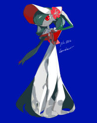 Rule 34 | 1girl, adjusting clothes, adjusting headwear, apios, arm up, blue background, bob cut, bonnet, capelet, character name, closed mouth, clothed pokemon, colored skin, creatures (company), english text, female focus, flat chest, flower, full body, game freak, gardevoir, gardevoir (fashionable), gen 3 pokemon, green hair, green skin, hair over one eye, happy, hat, hat flower, highres, multicolored skin, nintendo, one eye covered, pokedex number, pokemon, pokemon (creature), pokemon unite, red eyes, red flower, red trim, short hair, simple background, smile, solo, standing, two-tone skin, white capelet, white hat, white skin