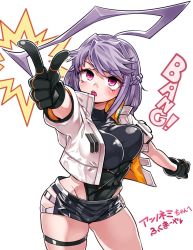Rule 34 | 1girl, ahoge, black gloves, blush, braid, breasts, commentary request, cowboy shot, fukumaaya, gloves, huge ahoge, open mouth, outstretched arms, pink eyes, pointing, pointing at viewer, purple hair, short shorts, short sleeves, shorts, sidelocks, simple background, solo, swept bangs, tareme, thick thighs, thigh strap, thighs, translation request, virtual youtuber, white background