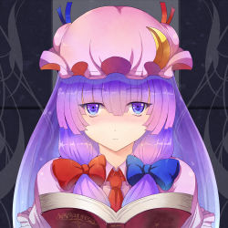 Rule 34 | 1girl, bad id, bad pixiv id, blush, book, bow, crescent, female focus, hair bow, hat, long hair, looking at viewer, open book, patchouli knowledge, purple eyes, purple hair, solo, sts, touhou, upper body