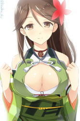 Rule 34 | 10s, 1girl, amagi (kancolle), backlighting, bare shoulders, blush, breasts, brown eyes, brown hair, cleavage, cleavage cutout, clothing cutout, detached sleeves, female focus, flower, hair flower, hair ornament, kanden sky, kantai collection, large breasts, light smile, long hair, looking at viewer, mole, mole under eye, obi, sash, smile, solo, upper body