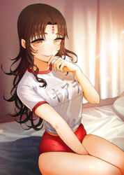 Rule 34 | 1girl, between legs, black hair, breasts, buruma, character name, closed mouth, commentary, curtains, fate/extra, fate/extra ccc, fate/grand order, fate (series), feet out of frame, forehead tattoo, gym shirt, gym uniform, hand between legs, hand up, indoors, light blush, lips, long hair, looking at viewer, medium breasts, name tag, on bed, parted bangs, red buruma, sessyoin kiara, shirt, short sleeves, sitting, smile, solo, sungwon, third-party source, white shirt, yellow eyes