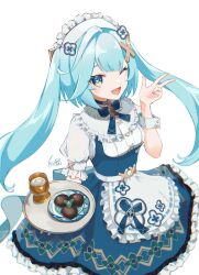 Rule 34 | 1girl, absurdres, alternate costume, aqua hair, breasts, dress, faruzan (cafe) (genshin impact), faruzan (genshin impact), food, genshin impact, green eyes, hair ornament, hairband, highres, long hair, one eye closed, open mouth, pinocle, small breasts, solo, symbol-shaped pupils, triangle-shaped pupils, twintails, x hair ornament