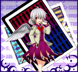Rule 34 | 1girl, arrow (symbol), bow, bowtie, card, dress, gimicalmas, hand in pocket, jacket, kishin sagume, long sleeves, open clothes, purple dress, red eyes, shirt, short hair, silver hair, single wing, smile, solo, touhou, wings