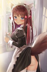 Rule 34 | 1girl, absurdres, animal ear fluff, animal ears, apron, ass, blue eyes, blush, bow, breasts, brown hair, eyes visible through hair, hair bow, highres, huge filesize, indoors, large breasts, long hair, looking at viewer, looking to the side, maid, maid apron, maid headdress, nail polish, no panties, open mouth, original, pink nails, sidelocks, solo, standing, tail, thighhighs, thighs, toratora (nanahaba), white thighhighs