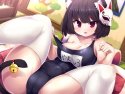 Rule 34 | 1girl, animal ears, ass, azur lane, black hair, blush, breasts, cameltoe, cat ears, cat mask, cat tail, cleavage, commentary request, fang, large breasts, looking at viewer, lying, mask, mask on head, name tag, on back, one-piece swimsuit, open mouth, red eyes, school swimsuit, short hair, solo, swimsuit, tail, tatuyayosi, thighhighs, yamashiro (azur lane), yamashiro (summer offensive?) (azur lane)