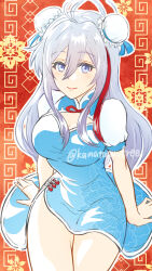 Rule 34 | 1girl, 86 -eightysix-, alternate costume, antenna hair, bare legs, blue dress, blue eyes, breasts, bun cover, china dress, chinese clothes, cleavage, cleavage cutout, closed mouth, clothing cutout, cowboy shot, double bun, dress, grey hair, hair between eyes, hair bun, highres, kamatanu free, large breasts, long hair, looking at viewer, outline, short sleeves, side slit, smile, solo, very long hair, vladilena millize, white outline, white sleeves