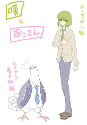 Rule 34 | 2boys, angry, animal, bird, black eyes, blazer, clenched hand, flat color, fujishiro nageki, full body, green hair, hand on own chest, hato moa, hatoful kareshi, jacket, looking at viewer, male focus, multiple boys, necktie, official art, okosan, open clothes, open jacket, orange eyes, personification, school uniform, shirt, simple background, standing, sweater, uniform, white background, white shirt, wings