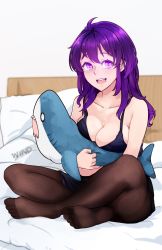 Rule 34 | 1girl, :d, bed, bed frame, bed sheet, beifeng han, black pantyhose, breasts, cleavage, collarbone, cowlick, glowing, highres, ikea shark, indian style, light blush, lingerie, looking at viewer, medium breasts, miyaura sanshio, negligee, no shoes, hugging object, on bed, open mouth, original, pantyhose, pillow, purple eyes, purple hair, shark, simple background, sitting, sleeveless, smile, soles, solo, stuffed animal, stuffed shark, stuffed toy, teeth, underwear, upper teeth only, white background