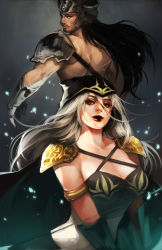 Rule 34 | 1boy, 1girl, armor, ashe (league of legends), black hair, bow (weapon), breasts, cleavage, gloves, green eyes, highres, hood, husband and wife, ippus, large breasts, league of legends, lips, lipstick, long hair, looking at viewer, looking back, makeup, shoulder pads, silver hair, smile, tryndamere, weapon