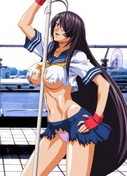 Rule 34 | 00s, 1girl, blue eyes, blue hair, breasts, covered erect nipples, hair over one eye, hand on own hip, ikkitousen, kan&#039;u unchou, large breasts, long hair, navel, panties, pink panties, polearm, school uniform, skirt, smile, solo, spear, torn clothes, underboob, underwear, weapon, yabusame