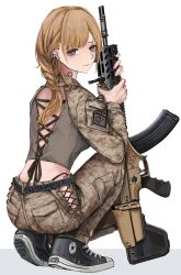 Rule 34 | 1girl, absurdres, arx-160, ass, assault rifle, black footwear, blonde hair, blue eyes, braid, camouflage, camouflage pants, camouflage shirt, converse, desert camouflage, gun, highres, lithographica, looking at viewer, looking back, military uniform, original, panties, pants, panty straps, rifle, shirt, shoes, sneakers, solo, squatting, underwear, uniform, weapon, yellow panties