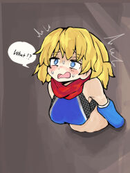 Rule 34 | 1girl, ^^^, alice margatroid, blonde hair, blue eyes, blue gloves, blush, breasts, brown background, commentary request, cookie (touhou), elbow gloves, english text, fishnet top, fishnets, gloves, kanakamei1, medium bangs, medium breasts, medium hair, open mouth, red scarf, scarf, solo, sweat, through wall, touhou, upper body, web (cookie)