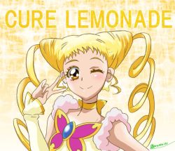 Rule 34 | 00s, 1girl, artist name, arudebido, blonde hair, blush, character name, cone hair bun, cure lemonade, detached sleeves, dress, drill hair, earrings, english text, eyelashes, hair bun, happy, jewelry, kasugano urara (yes! precure 5), long hair, looking at viewer, magical girl, one eye closed, precure, signature, sketch, smile, solo, twin drills, twintails, v, yellow dress, yellow eyes, yes! precure 5
