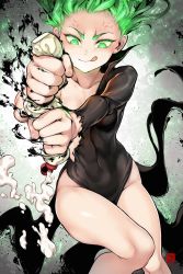 Rule 34 | 1girl, :p, anger vein, black dress, bottle, breasts, covered navel, dress, glowing, glowing eyes, green eyes, green hair, highres, looking at object, one-punch man, robot cat (robotcatart), short hair, side slit, small breasts, solo, squeeze bottle, squeezing, tatsumaki, telekinesis, thighs, tongue, tongue out, torn clothes, veins