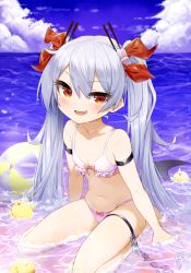 Rule 34 | 1girl, :d, absurdres, anchor, armband, azur lane, ball, beachball, bikini, blush, bow, bow bikini, chain, cloud, cloudy sky, commentary request, day, fang, flat chest, hair ornament, highres, long hair, looking at viewer, manjuu (azur lane), navel, open mouth, outdoors, pg (pege544), red eyes, silver hair, sitting, skindentation, sky, smile, swimsuit, thigh strap, twintails, vampire (azur lane), wariza, white bikini