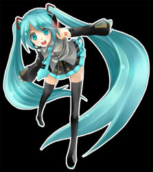 Rule 34 | 1girl, black skirt, blush, detached sleeves, female focus, grey shirt, hair ornament, hatsune miku, long hair, looking at viewer, necktie, open mouth, pleated skirt, shirt, skirt, sleeveless, sleeveless shirt, smile, solo, standing, thighhighs, twintails, very long hair, vocaloid
