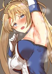 Rule 34 | 1girl, arito arayuru, arm up, armpits, blonde hair, blue eyes, blush, bradamante (fate), bradamante (first ascension) (fate), braid, breasts, elbow gloves, fate (series), gloves, grey background, long hair, medium breasts, open mouth, simple background, solo, steam, sweat, twintails
