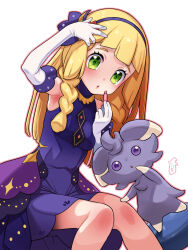 Rule 34 | 1girl, arm up, blonde hair, braid, commentary request, cosmetics, creatures (company), dress, elbow gloves, espurr, game freak, gen 6 pokemon, gloves, hairband, hand up, highres, holding, holding lipstick tube, kinocopro, knees together feet apart, lillie (anniversary 2021) (pokemon), lillie (pokemon), lipstick tube, long hair, nintendo, official alternate costume, outline, parted lips, pokemon, pokemon (creature), pokemon masters ex, purple hairband, simple background, sitting, sleeveless, sleeveless dress, twin braids, white background, white gloves