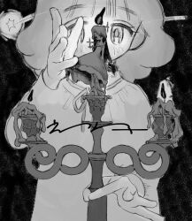 Rule 34 | 2girls, black background, candelabra, candle, candlestand, covered mouth, dress, dripping, fuminooco, greyscale, hand up, holding, holding candle, long hair, long sleeves, looking at viewer, medium hair, mini person, minigirl, monochrome, multiple girls, original, personification, size difference, sleeveless, sleeveless dress, sparkle, standing, straight-on, upper body