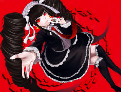 Rule 34 | 1girl, black hair, black thighhighs, blunt bangs, blush, card, celestia ludenberg, claw ring, danganronpa (series), frilled thighhighs, frills, full body, goth fashion, gothic lolita, joker (playing card), lolita fashion, long hair, necktie, playing card, red background, red eyes, red necktie, smile, solo, thighhighs, twintails, very long hair
