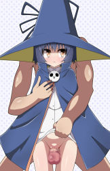 Rule 34 | 10s, 1boy, 1girl, bad id, bad pixiv id, blue hair, bottomless, brown eyes, censored, clothed female nude male, faceless, faceless male, hat, hetero, highres, hiren, maji moji rurumo, mosaic censoring, nude, penis, polka dot, polka dot background, pussy, robe, rurumo, short hair, solo focus, thigh sex, witch, witch hat