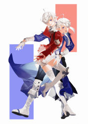 Rule 34 | 1boy, 1girl, abstract background, ahoge, alisaie leveilleur, alphinaud leveilleur, black pants, blue background, blue coat, blue eyes, boots, brother and sister, chinese commentary, coat, commentary request, elezen, elf, final fantasy, final fantasy xiv, fingerless gloves, full body, gloves, high heels, highres, hutaway, jacket, knee boots, long hair, long sleeves, looking at viewer, pants, pants tucked in, parted lips, pointy ears, red background, red gloves, red jacket, shorts, siblings, thigh boots, thighhighs, white background, white footwear, white gloves, white hair, white shorts, white thighhighs