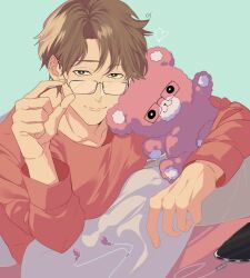 Rule 34 | 1boy, adjusting eyewear, bright pupils, brown hair, closed mouth, commentary request, cool doji danshi, earphones, fingernails, glasses, heart, highres, long sleeves, looking at viewer, male focus, mima takayuki, partial commentary, pink shirt, shirt, short hair, solo, stuffed animal, stuffed toy, teddy bear, upper body, white pupils, zingai sanx