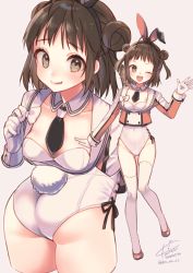 Rule 34 | 1girl, adapted costume, ahoge, animal ears, ass, blush, breasts, brown eyes, brown hair, collarbone, cropped arms, cropped legs, detached collar, double bun, fake animal ears, full body, gloves, grey background, hair bun, kantai collection, koruri, leotard, long sleeves, multiple views, naka (kancolle), one eye closed, open mouth, rabbit ears, sailor collar, short hair, simple background, small breasts, smile, thighhighs, tongue, tongue out, white gloves, white leotard, white sailor collar, white thighhighs