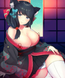 Rule 34 | 1girl, animal ears, azur lane, black hair, blue eyes, breasts, butterfly hair ornament, cat ears, cleavage, curvy, fusou (azur lane), hair ornament, highres, japanese clothes, large breasts, long hair, looking at viewer, panties, sikineclip, sliding doors, smile, solo, thighhighs, underwear, white panties, white thighhighs, wide hips