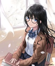 Rule 34 | 1girl, black hair, black skirt, blue bow, blue bowtie, blue eyes, book, bow, bowtie, branch, brown jacket, chair, classroom, curtains, glasses, highres, holding, holding book, indoors, jacket, junshiki, long hair, long sleeves, looking at viewer, open clothes, open jacket, original, petals, polo shirt, school, school uniform, shirt, signature, sitting, skirt, smile, tree, white shirt, window