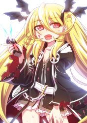 Rule 34 | 1girl, alternate costume, blonde hair, cowboy shot, fang, hair between eyes, hair ornament, long hair, looking at viewer, mary skelter, mizunashi (second run), open mouth, rapunzel (mary skelter), red eyes, simple background, solo, standing, taser, torn clothes, torn sleeves, very long hair, white background