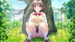 Rule 34 | 1girl, antennae, ass, black footwear, blue eyes, blue skirt, breasts, brown hair, building, bush, cloud, commentary request, day, full body, grass, hands on own knees, highres, house, lamppost, large breasts, leaf, loafers, m legs, name tag, open mouth, original, outdoors, overalls, panties, pantyshot, playground, pleated skirt, polka dot, polka dot panties, red neckwear, school uniform, shirt, shoes, short hair, sidelocks, skirt, sky, socks, solo, squatting, thighs, tree, underwear, v-mag, white shirt, white socks, window