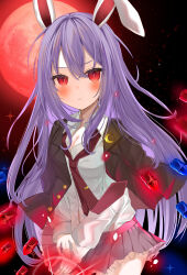 Rule 34 | 1girl, absurdres, animal ears, black jacket, blazer, blush, breasts, bullet, cleavage, collared shirt, crescent, crescent pin, danmaku, full moon, hair between eyes, highres, jacket, jacket on shoulders, long hair, long sleeves, looking at viewer, medium breasts, miniskirt, moon, necktie, night, night sky, okome2028, open clothes, open jacket, open mouth, own hands together, pink skirt, pleated skirt, purple hair, purple skirt, rabbit ears, rabbit girl, red eyes, red moon, red necktie, reisen udongein inaba, shirt, skirt, sky, slit pupils, solo, star (sky), staring, starry sky, touhou, very long hair, white shirt